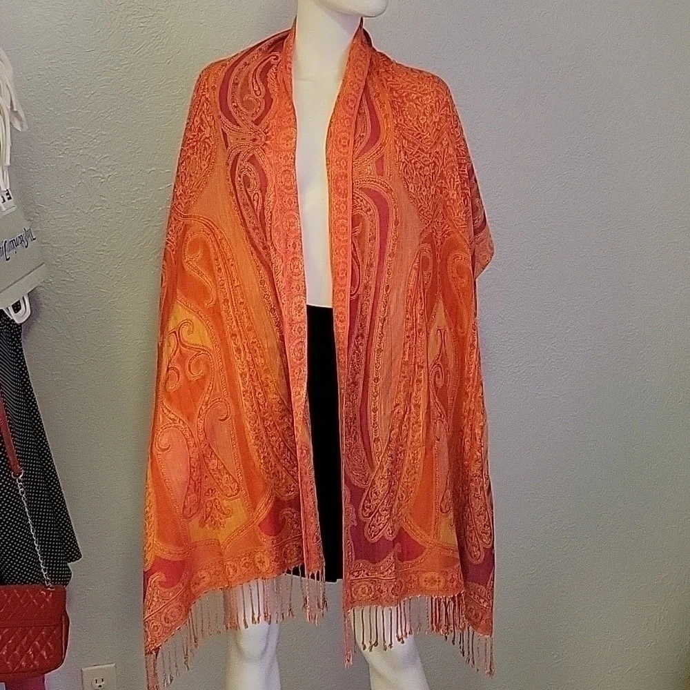 ORANGE Paisley Floral Shawl Wrap Cover-up